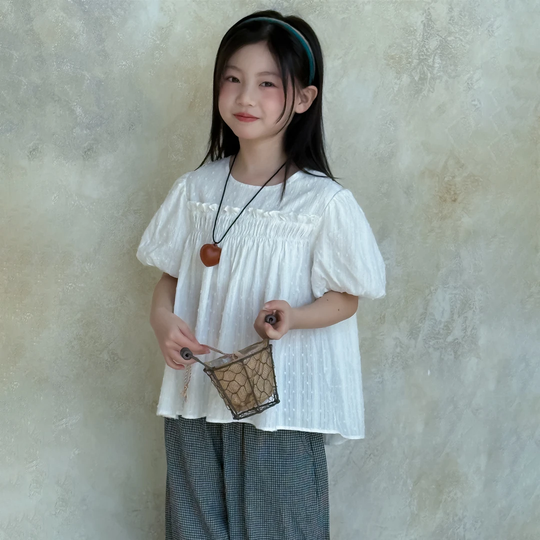 LJ-71771-TBB女童短袖上衣2025夏季新款韩版儿童泡泡袖衬衣洋气潮