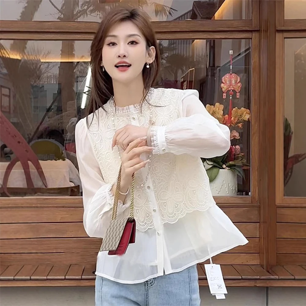 爆款高级感假两件蕾丝衬衫女2025春装新款时尚新中式国风衬衣小衫
