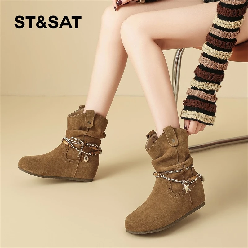 星期六时装靴女款2025秋季新款串珠复古堆堆靴舒适显瘦内增高短靴