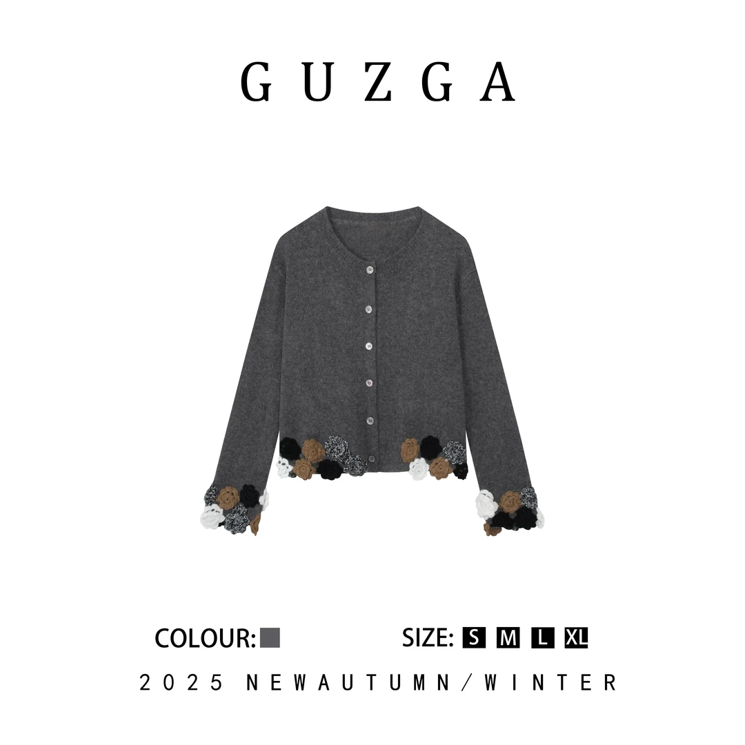 GUZGA【疏朗清绝】2025秋季上新花朵边针织开衫时尚百搭简约