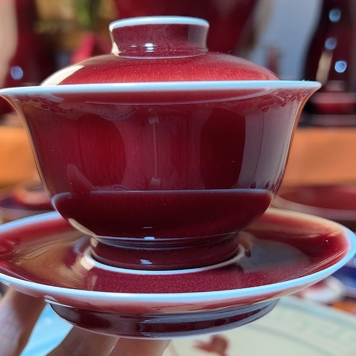 景德镇品艺轩郎红圆宝三才盖碗