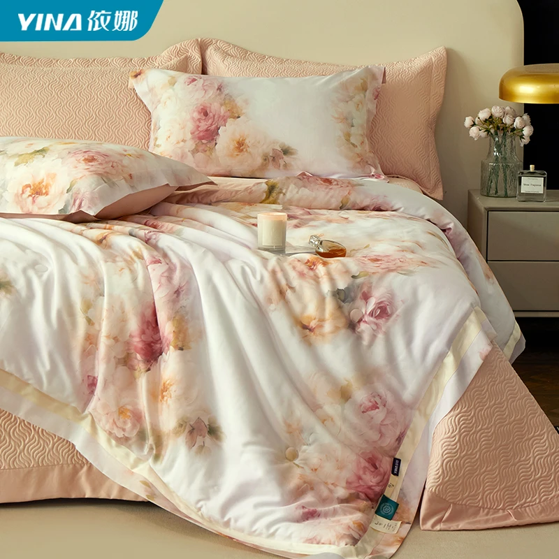 依娜高端百货同款可水洗棉天丝四季被直接盖数码印花亲肤裸睡被子