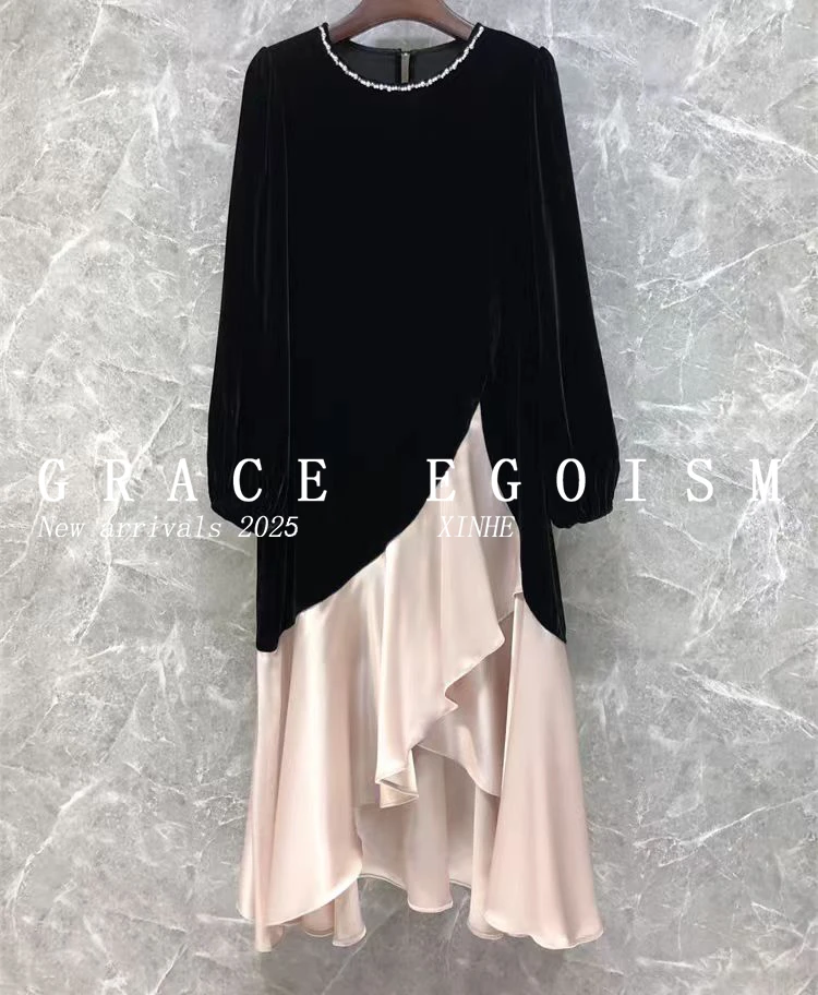 【黛珠坠暮】秋季新款拼接丝绒气质显瘦不规则下摆连长袖衣裙1917