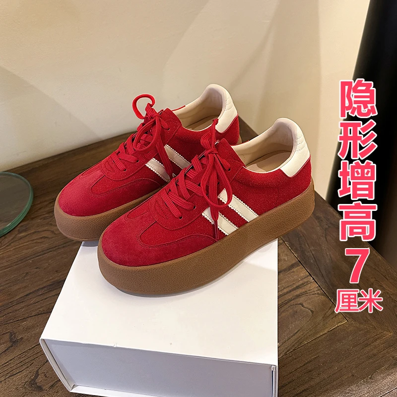 德训休闲板鞋红色内增高德训鞋2025春季流行小个子百搭厚底阿甘鞋