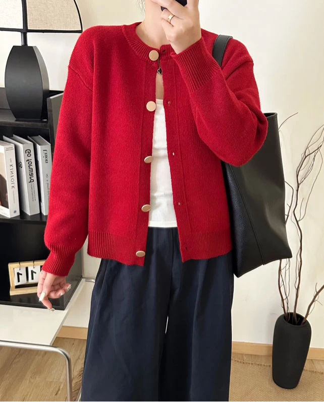 INS风宽松型毛针织衫短款宽松毛衣红色针织衫圆领时尚秋季