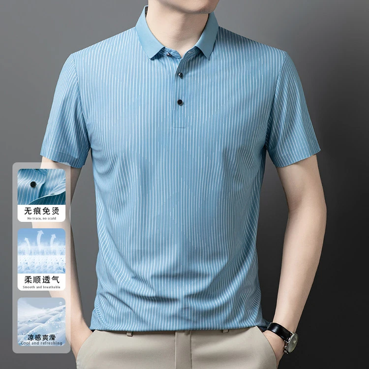 雅鹿男装2025中年爸爸装Polo衫男士夏季翻领条纹百搭T恤