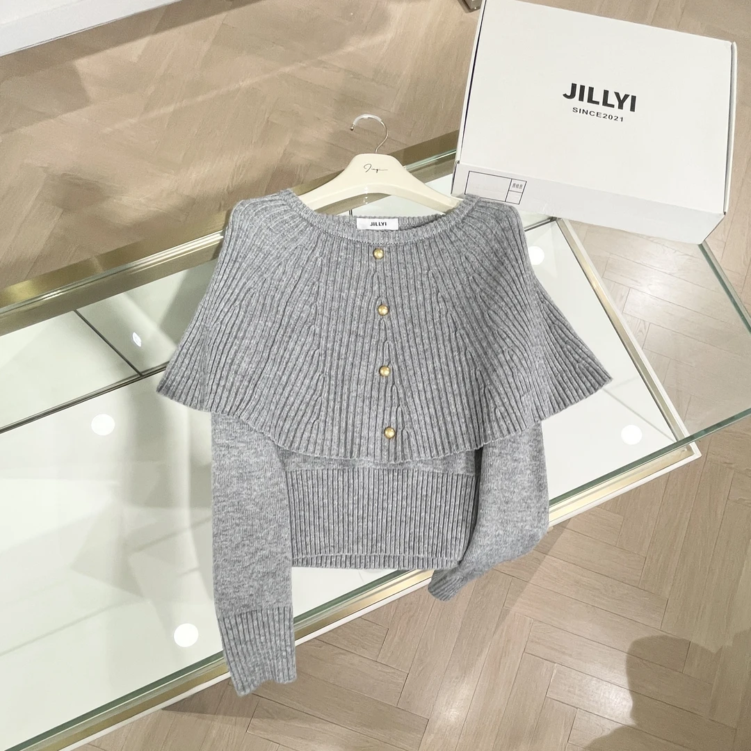 jillyi【灰调记事】灰色小斗篷金色针织开衫气质短款时尚百搭韩版
