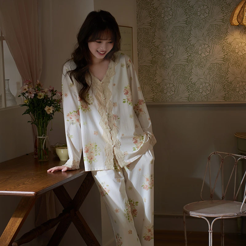 马克公主莫代尔睡衣春秋女款V领长袖蕾丝碎花家居服气质高级外穿