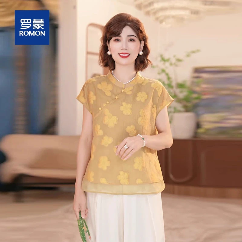 罗蒙新款中年妈妈夏装中式小衫洋气减龄显瘦中老年女装绣花T恤衫