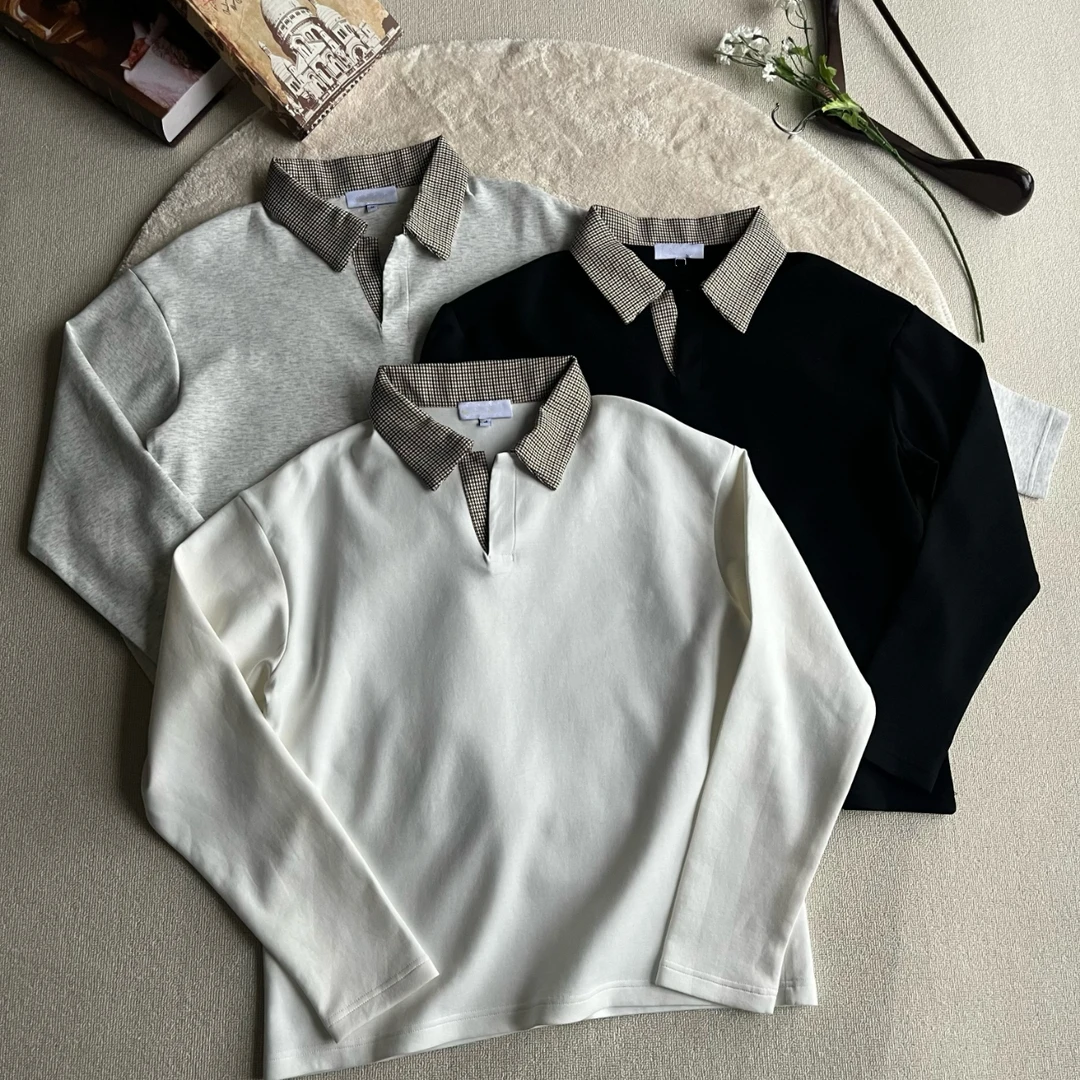 Y501 千鸟格拼接polo领洛卡抗皱空气层长袖t恤老钱风cleanfit