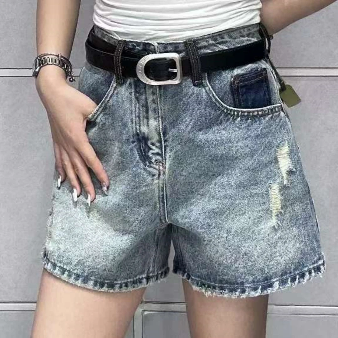 【恰好时光】蓝色破洞牛仔短裤女热裤设计感（带腰带）