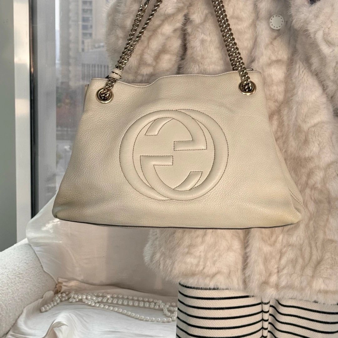 95新 GUCCI/古驰 gucci奶白色流苏soho单肩斜挎包