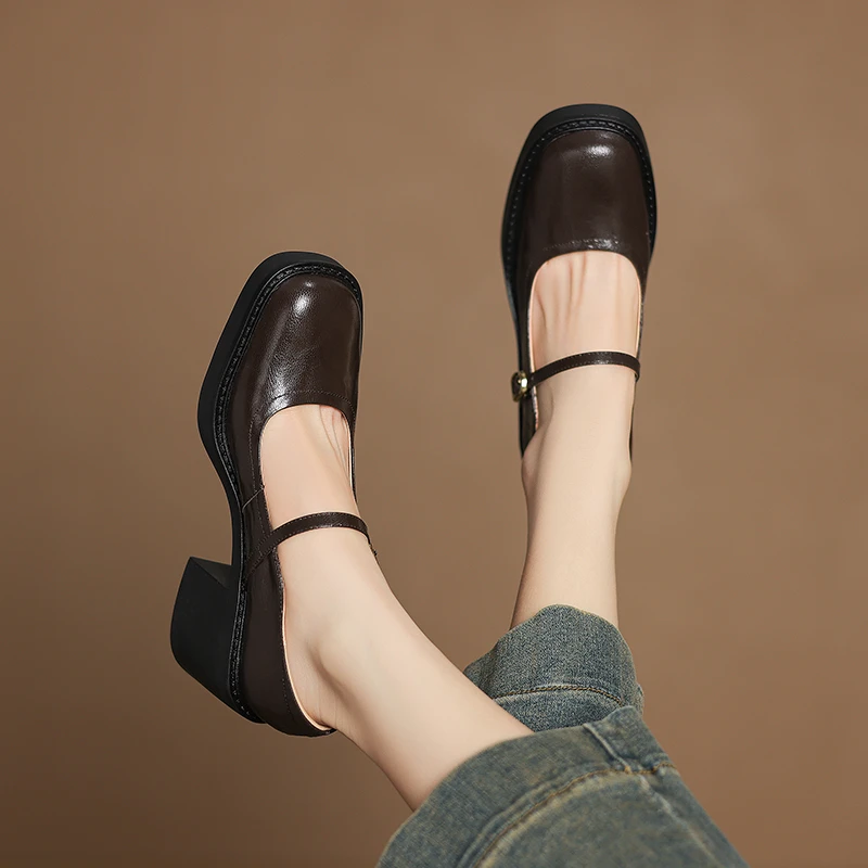 菓苒6.5cm粗跟春季单鞋学院风复古中跟方头黑色百搭法式玛丽珍鞋