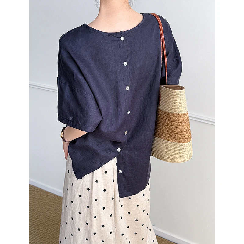 夏季新款小众亚麻短袖时尚圆领衬衫上衣女后背一排扣宽松休闲薄款
