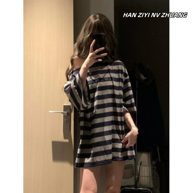 美式复古条纹字母纯棉短袖t恤女夏新款宽松显瘦慵懒休闲半袖上衣