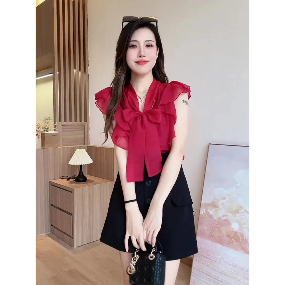 蝴蝶结系带荷叶边飞飞袖衬衣2025夏季新款法式气质小众甜美小衫潮