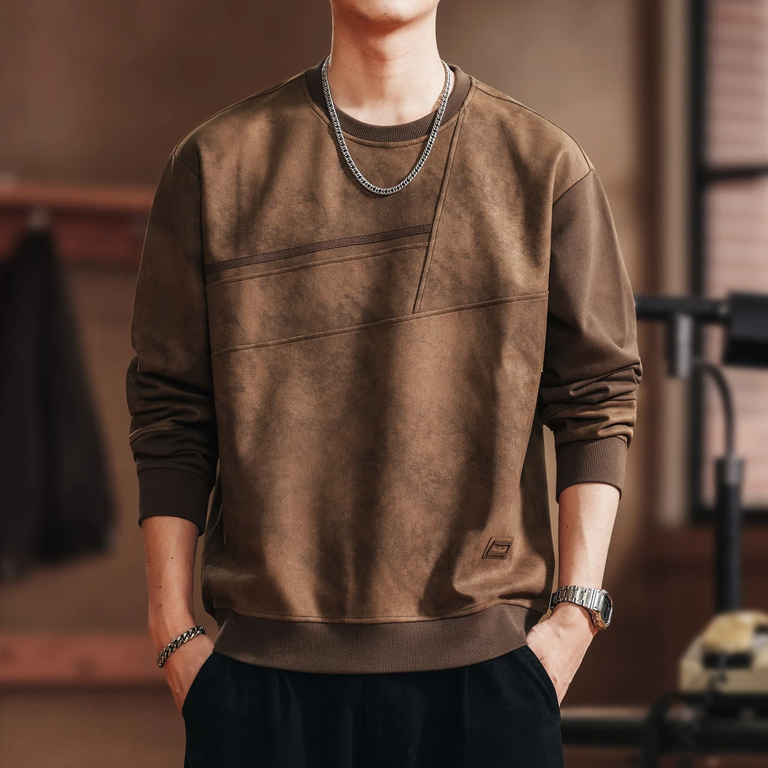 格蓝鹿美式复古小众设计拼接男士卫衣2025秋季新款长袖圆领上衣男