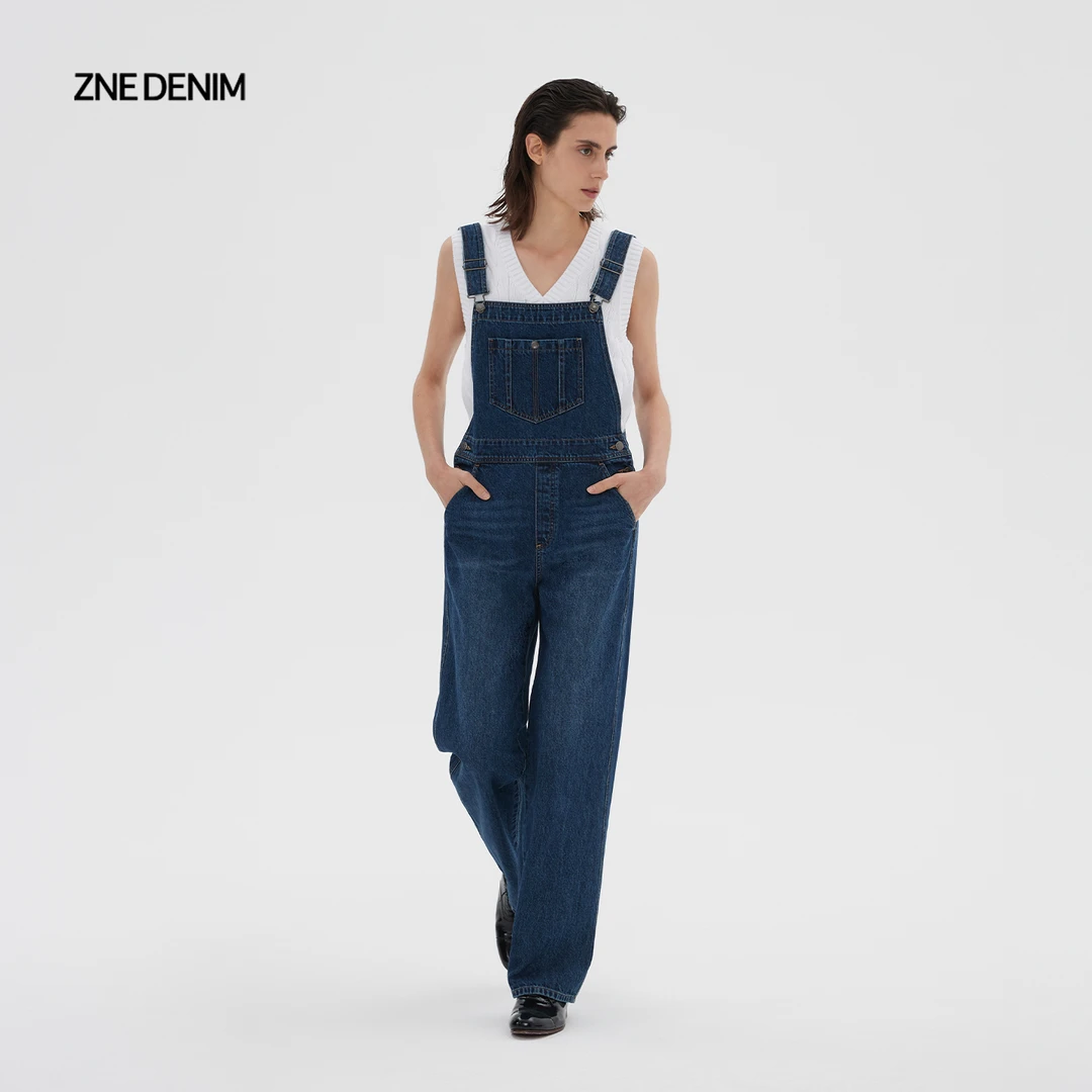 ZNEJeans【会员特惠】高腰挺括宽松修饰腿型直筒牛仔背带裤女832蓝