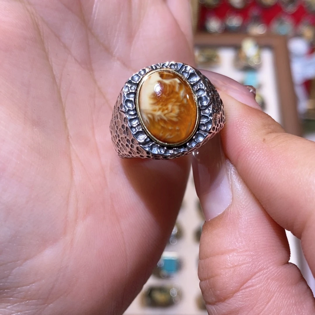 琥珀戒指银S925镶嵌?戒指