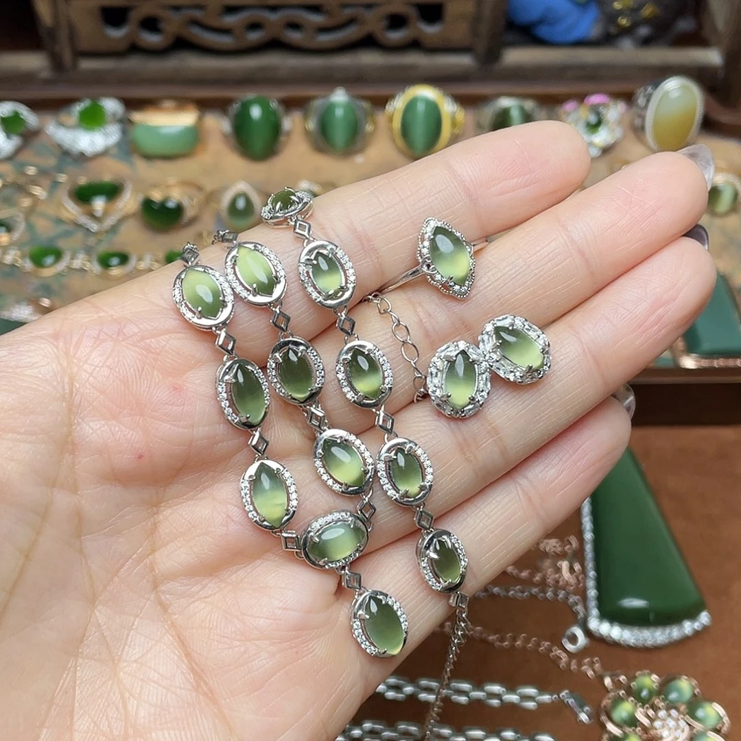 和田玉（碧玉）银S925镶嵌吊坠(不含链)套装