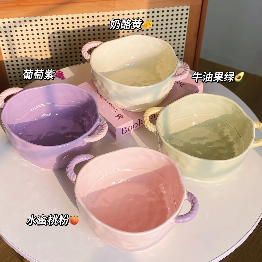 陶瓷双耳汤碗手捏纹泡面碗螺蛳粉大容量家用釉下彩高颜值