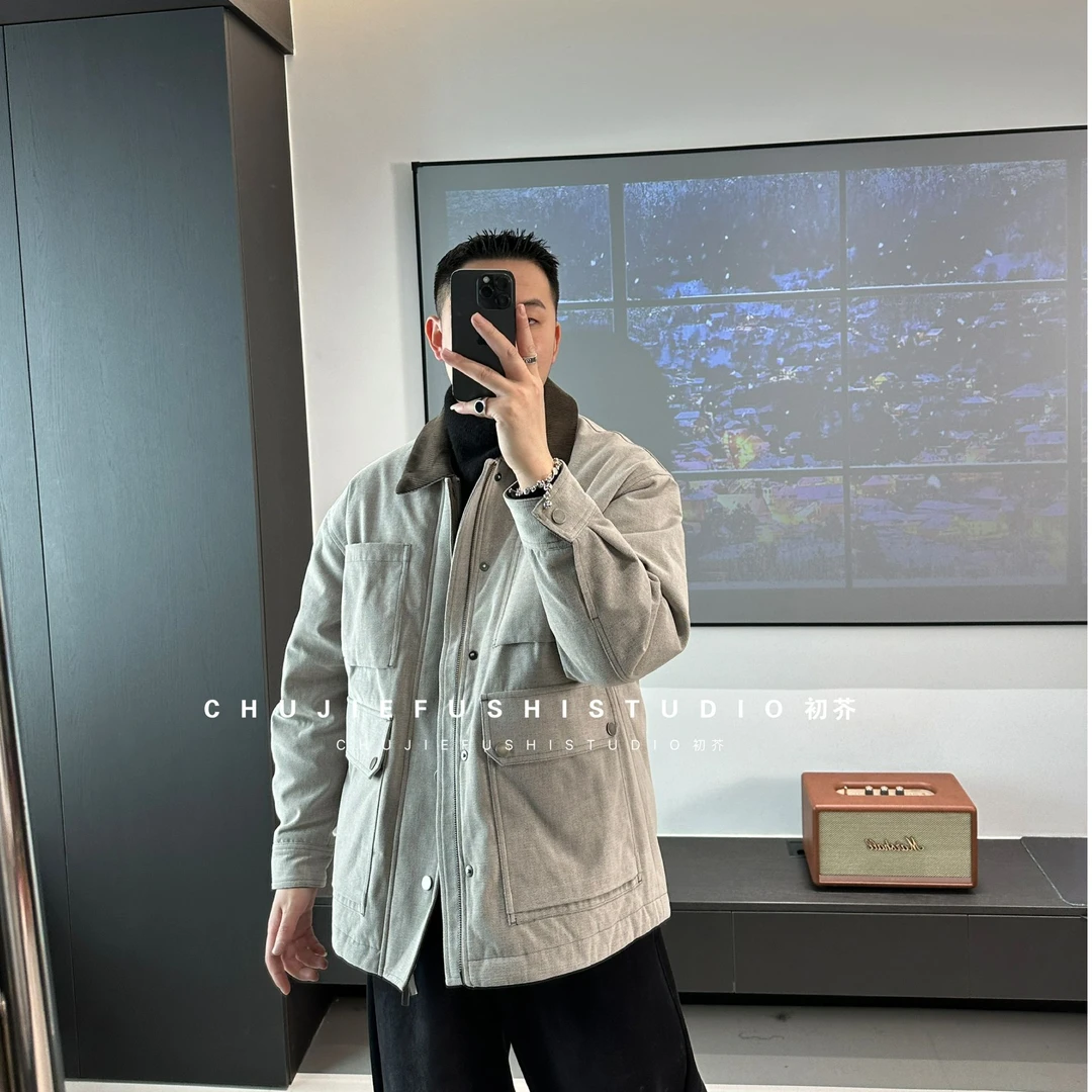 CHUJIE巴恩风绒感花纱简约多口袋灯芯绒领羽绒服外套男