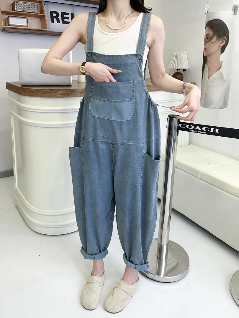 孕妇冰丝牛仔休闲宽松个性阔腿背带裤