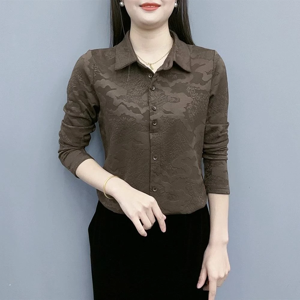 彩羊2025年春秋新款妈妈长袖薄小衫祥云纹提花气质中年女显瘦衬衣