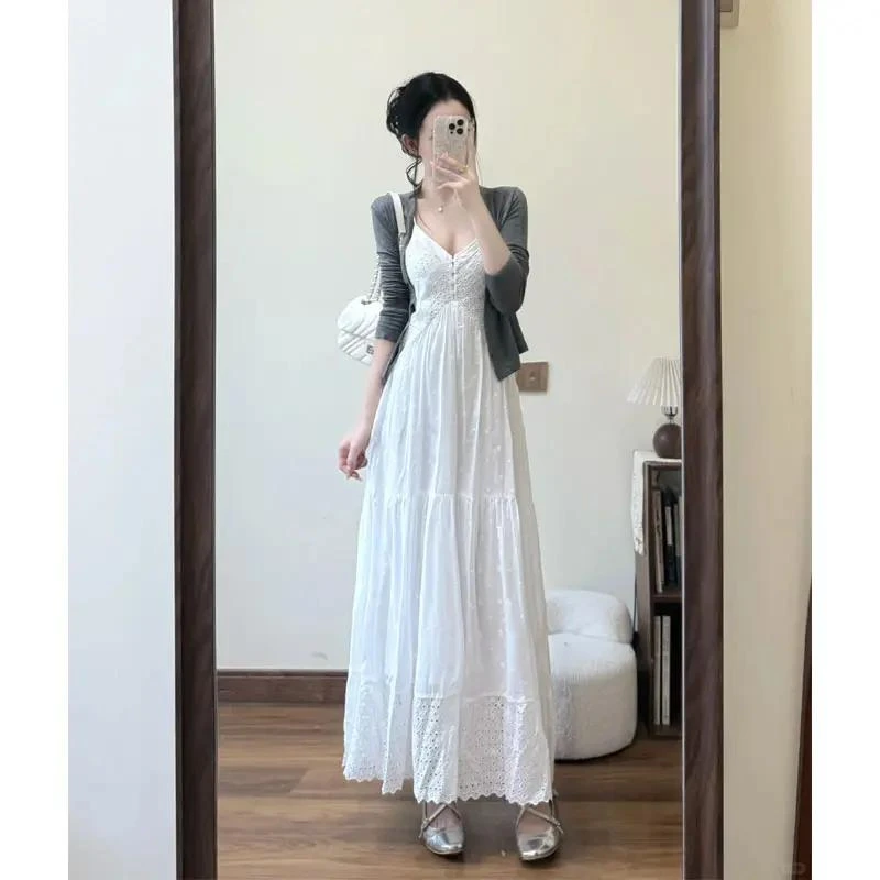 2025超火减龄穿搭套装韩系气质灰色开衫小众镂空吊带裙两件套装女