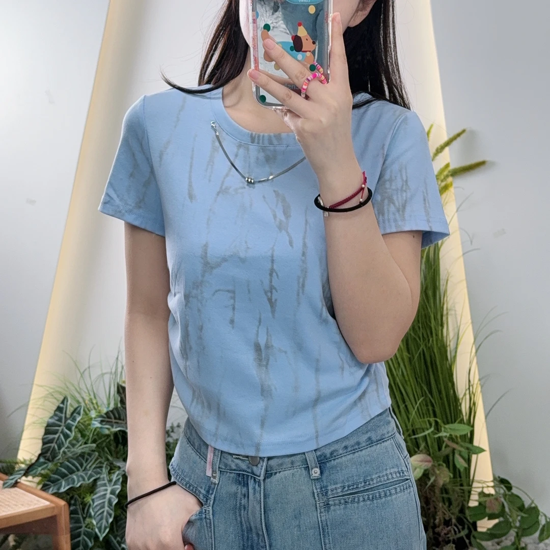 夏季新款烫钻扎染修身显瘦正肩圆领短款短袖T恤女