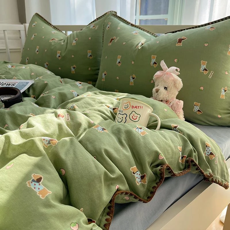 A类全棉双层纱床上四件套100纯棉贝壳边被套学生宿舍床单款三件套