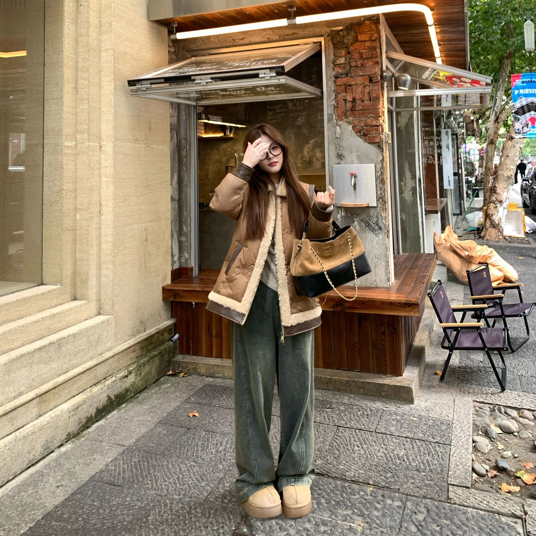 盈盈&南岛风大码女装拼皮毛毛秋冬新款外套胖mm宽松羽绒服ZYY2594