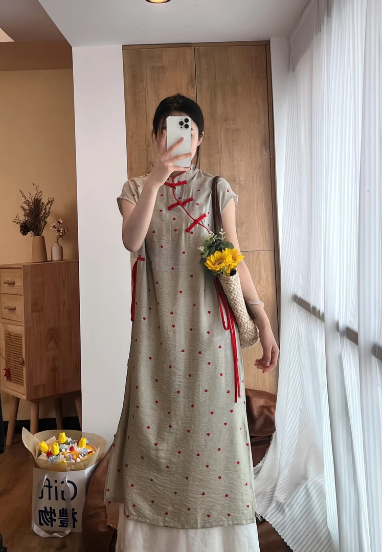 夏季长裙新中式无袖连衣裙中式高腰印花少女日常旗袍