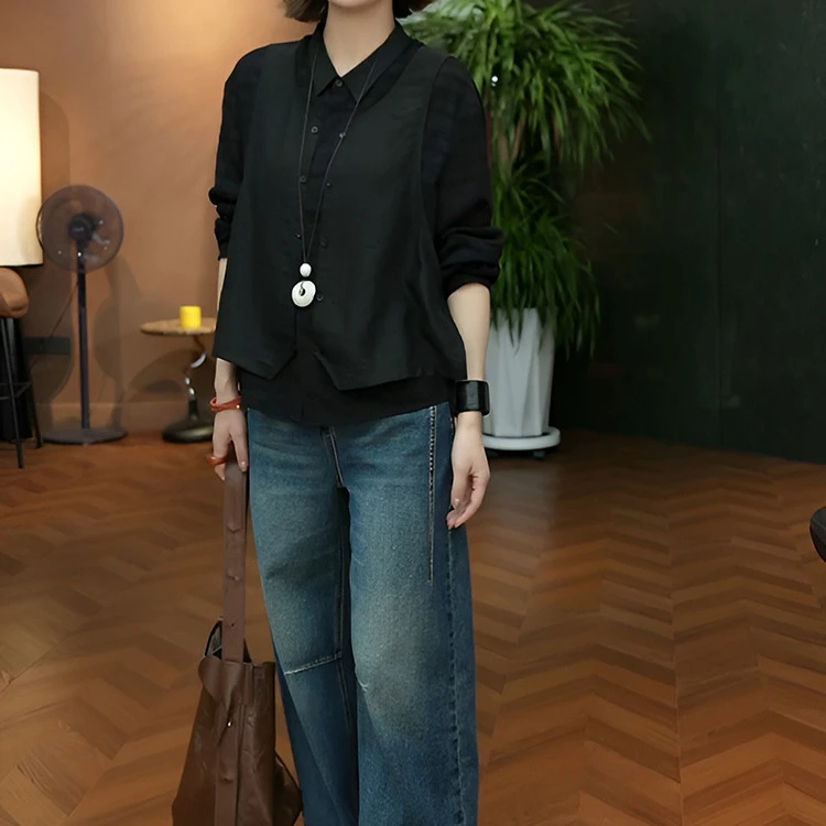 欧货时髦2025春秋新款女黑色长袖拼接时尚宽松春秋款百搭衬衫上衣