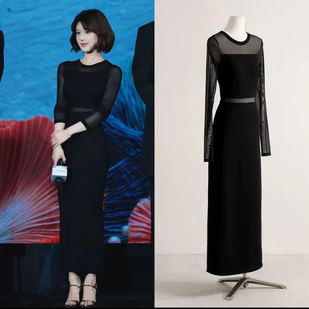 赵露思同款薄纱漏腰性感热辣小黑裙半透视修身包臀中长款连衣裙