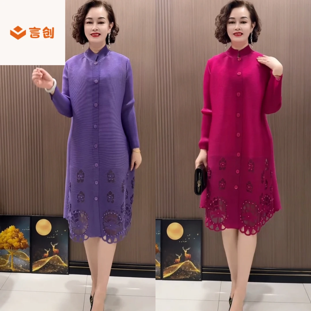 321高端三宅褶皱连衣裙妈妈春夏设计感镂空花时尚衬衫裙宽松a字裙