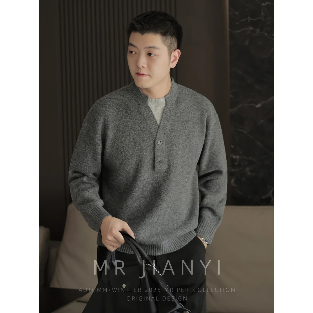 MR JIANYI  冬季都市「叠穿映象」V领假两件针织衫商务休闲毛衣男装