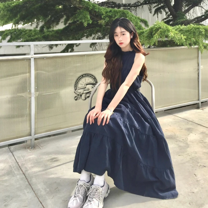 女装夏季裙子高级感海边度假沙滩长裙法式桔梗气质无袖挂脖连衣裙