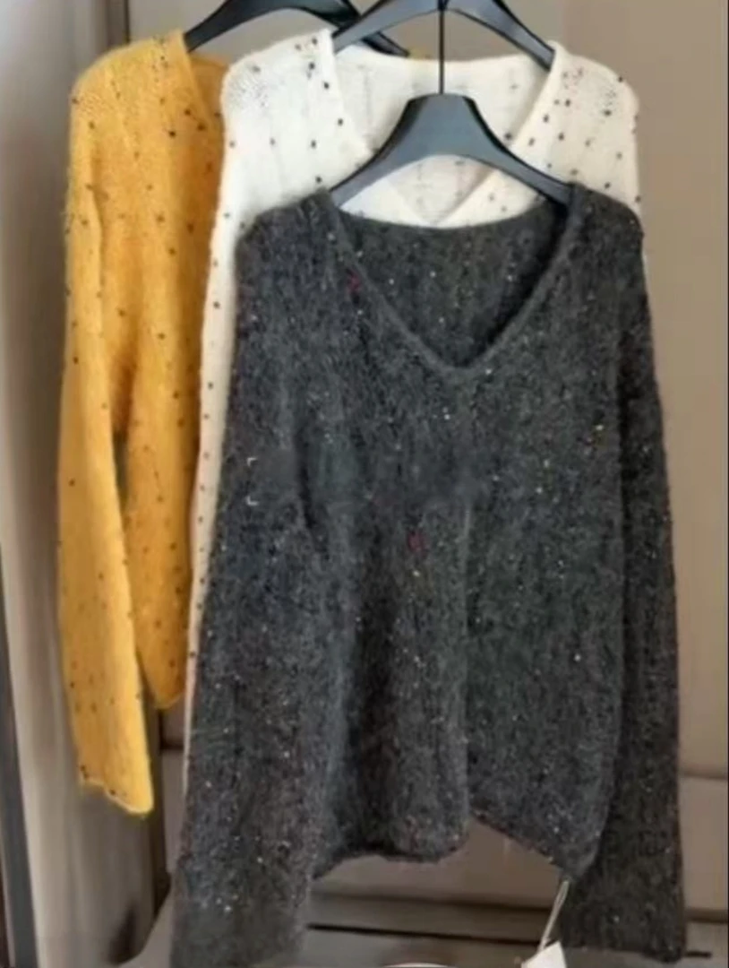 Manmi   慵懒风糖果钩花大V领套头毛衣  981