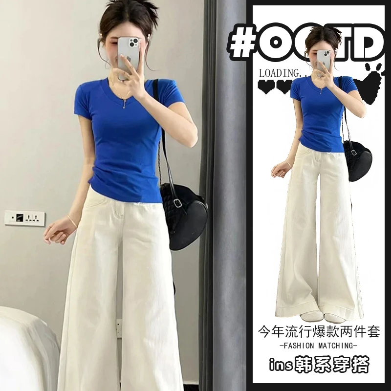 甜酷风独特洋气两件套女2025夏辣妹修身短袖上衣小个子别致拖地裤