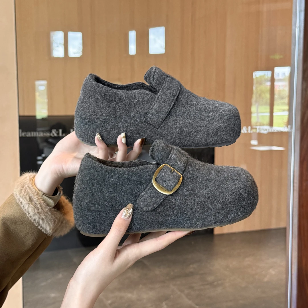 厚底加绒毛呢勃肯鞋女款2025新款冬季爆款灰色百搭单鞋内增高棉鞋