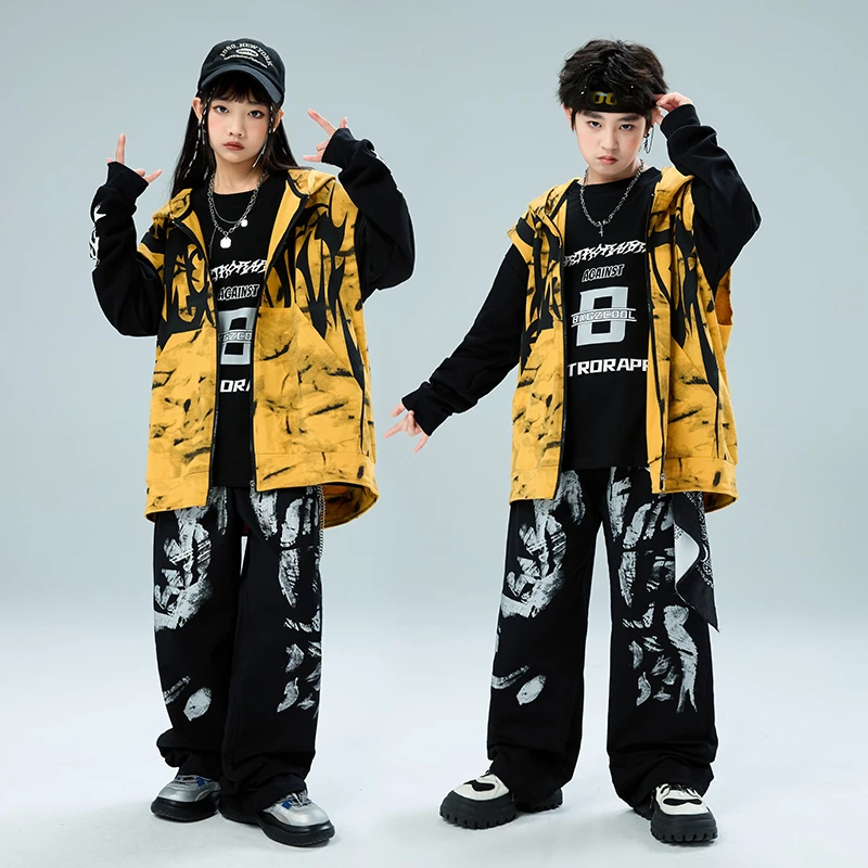 儿童街舞潮服男女童帅气连帽马甲套装嘻哈hiphop架子鼓走秀演出服