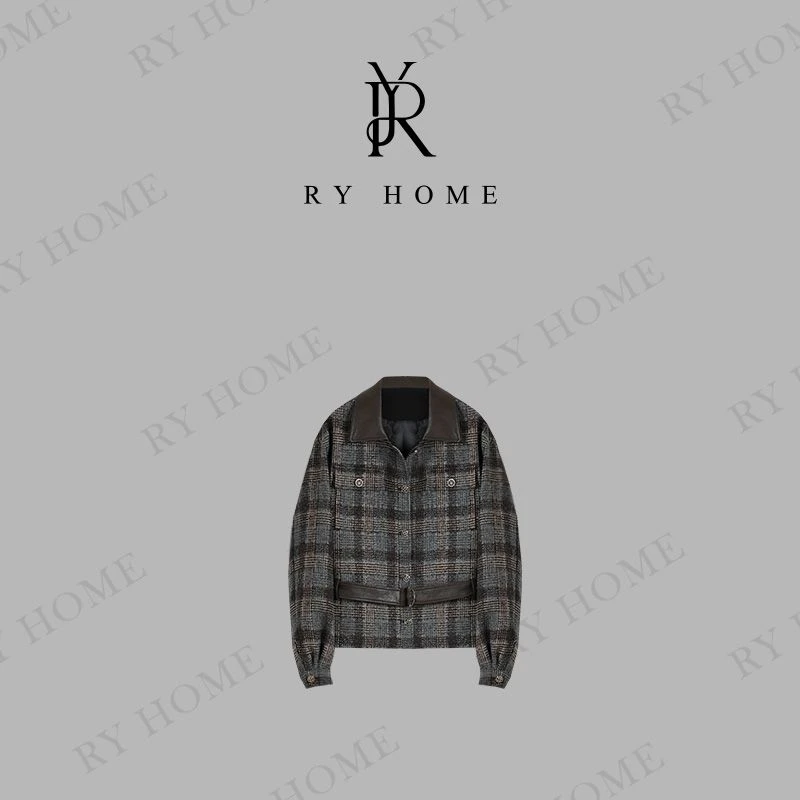 【容雨RYHOME】绵羊毛拼皮格纹小香风短外套253W2409