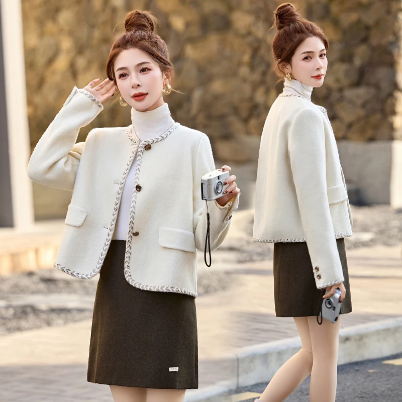 现货主推早春新款双面羊毛小香风织带撞色羊毛短外套