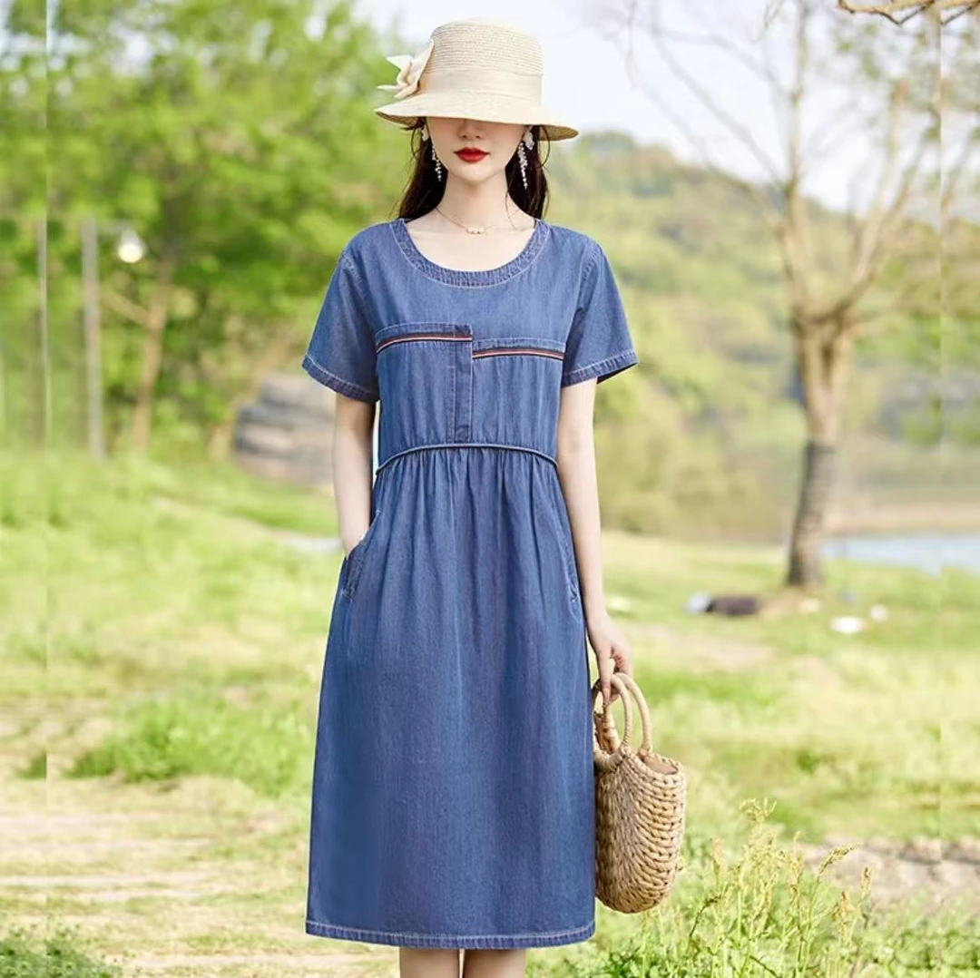 P072#【木兮兮专属】2025年夏季新款气质圆领显瘦百搭时尚连衣裙