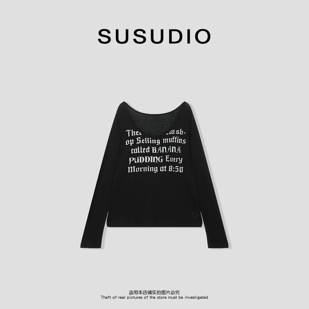 SUSUDIO 莱赛尔 夏季休闲百搭大U领字母透感长袖T恤10346