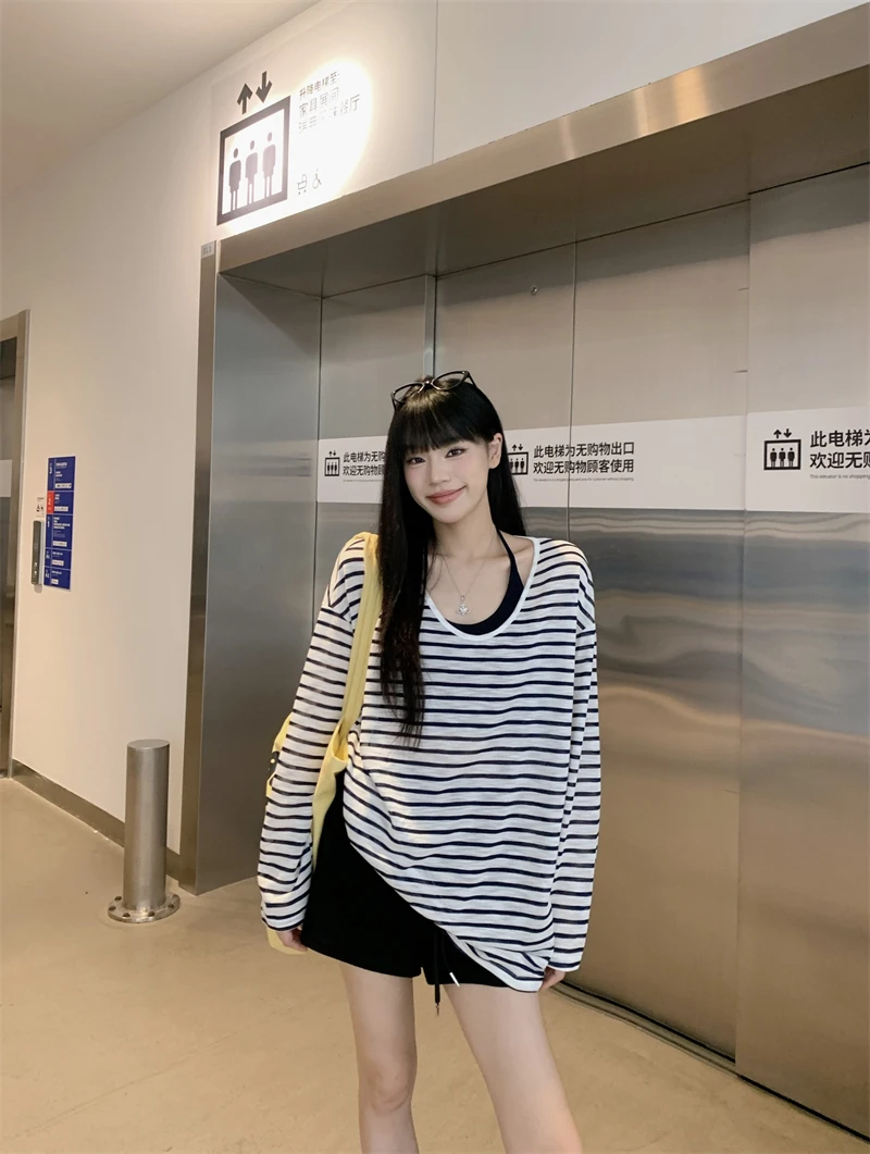 雪花慵懒风撞色条纹薄款长袖T恤女夏季休闲宽松百搭罩衫上衣