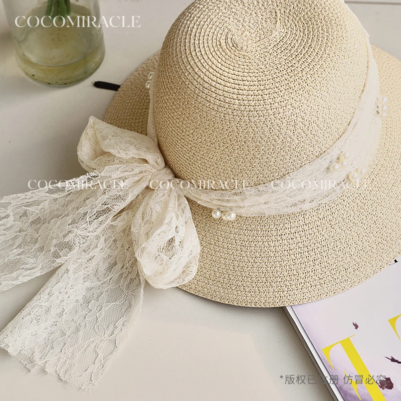 【董小姐】2024新款法式优雅蕾丝蝴蝶结珍珠草帽WL3MZ606
