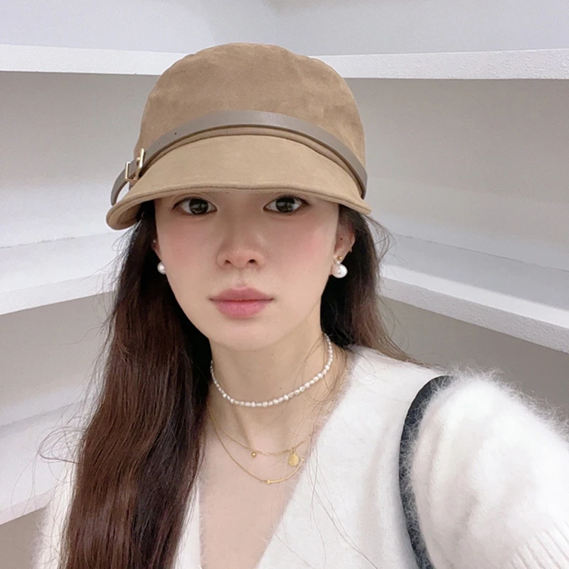 高品质英伦鹿皮绒鸭舌帽女秋冬日韩潮流百搭素颜遮脸白搭马术帽潮