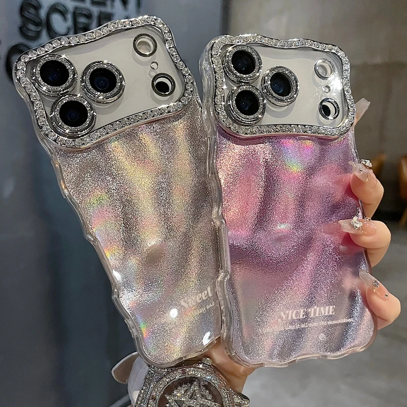 适用苹果系列iPhone17新款手机壳高级水波纹粉底全包满钻精孔镜框